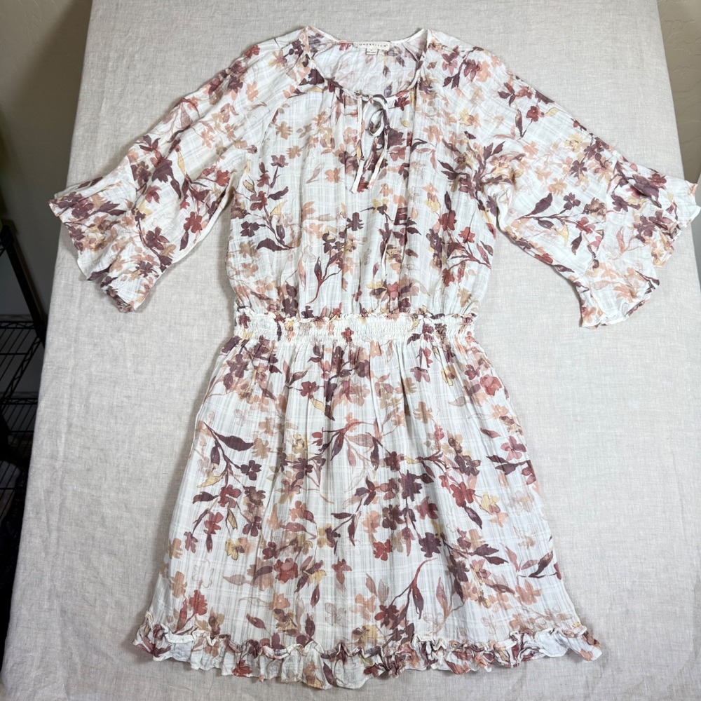 Lovestitch Floral Mini Dress Womens L Cream Pink Excellent‎ Smocked Boho Ruffle